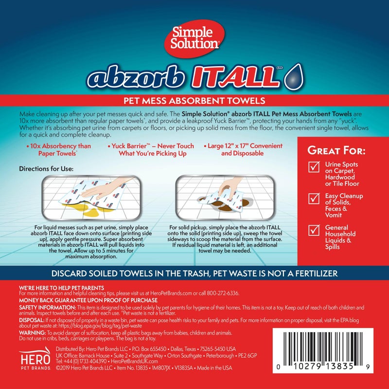 Simple Solution Abzorbitall Pet Mess Absorbent Towels - Multi-Surface Urine and Dog Poop Cleaning Sheets - 12 x 17 inches - 30 Towels - Image 2